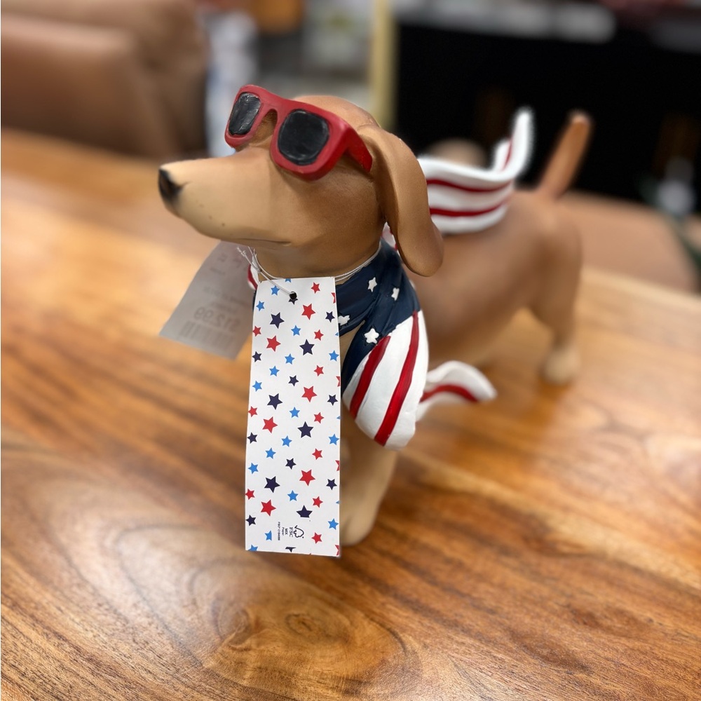 Patriotic Dachshund Dog Figurine with Red Sunglasses - Brown